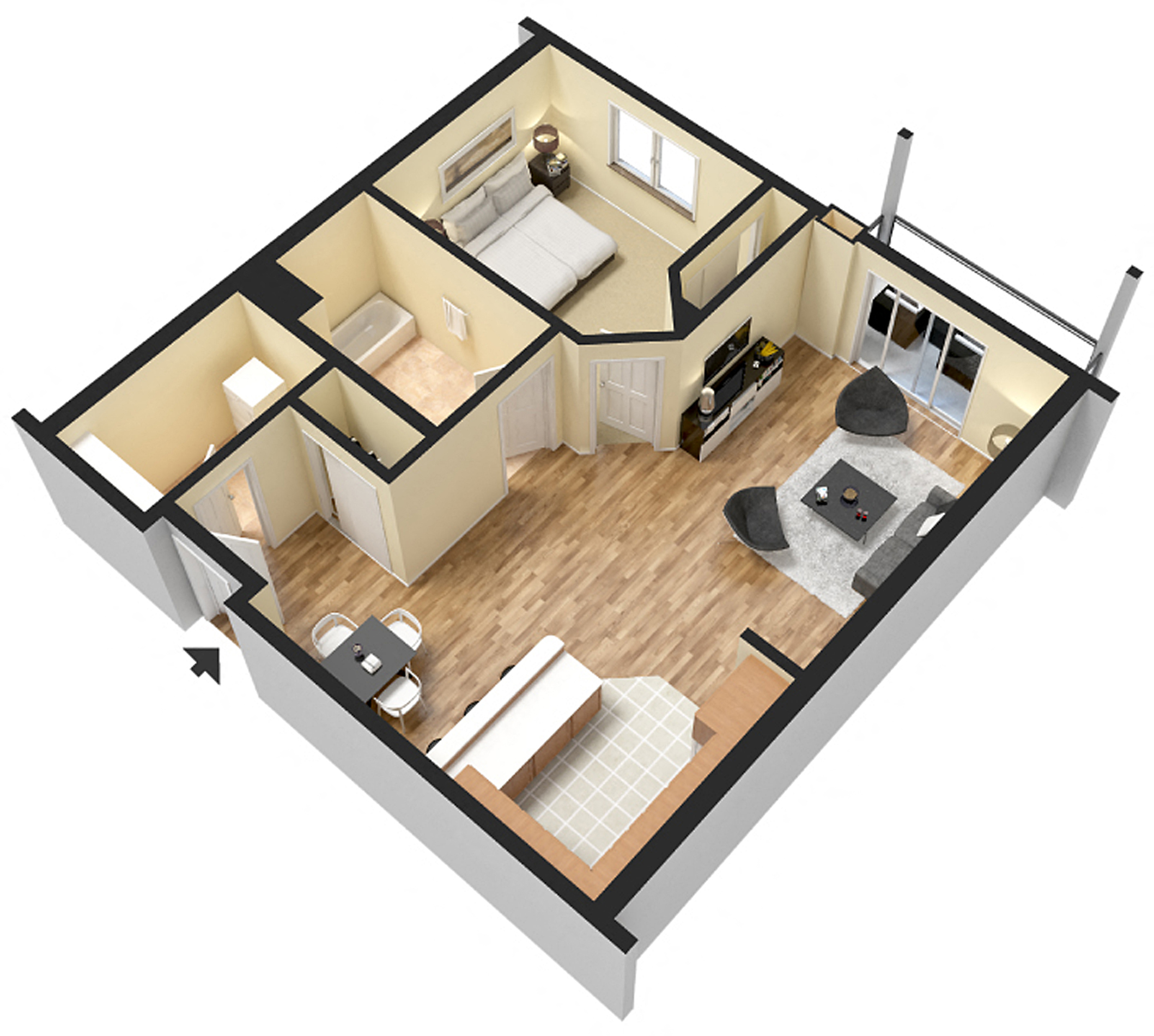 Floor plan for 1 bed, 1 bath, 780 sqft